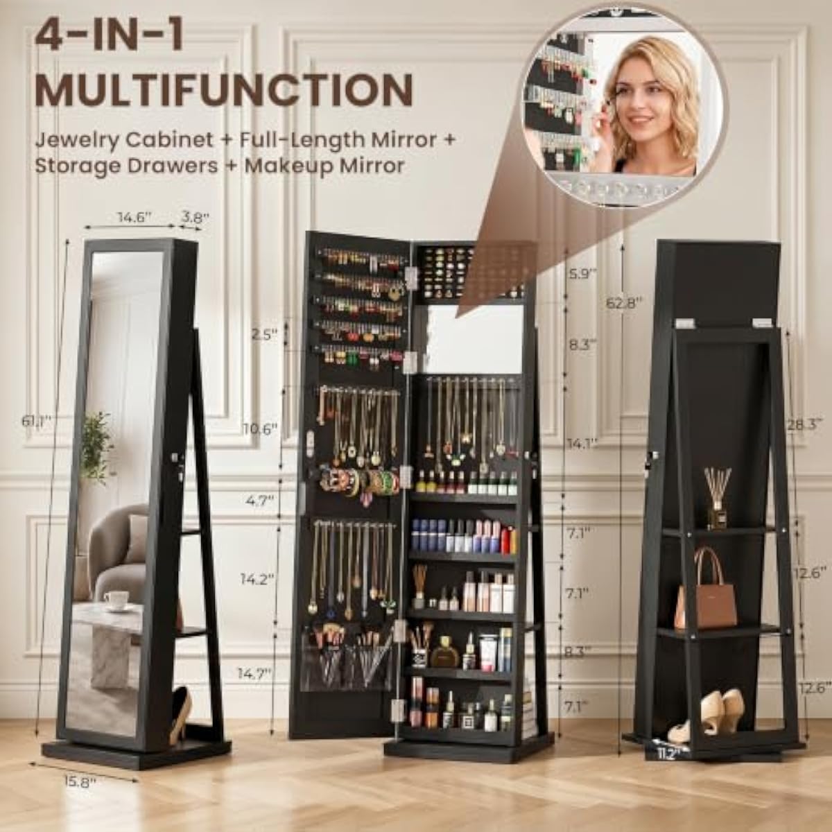 エレガントな黒の自立型ジュエリーアルモア、全身鏡付き、ベルベ - Full Length Mirror Jewelry Armoire のレビューと価格
