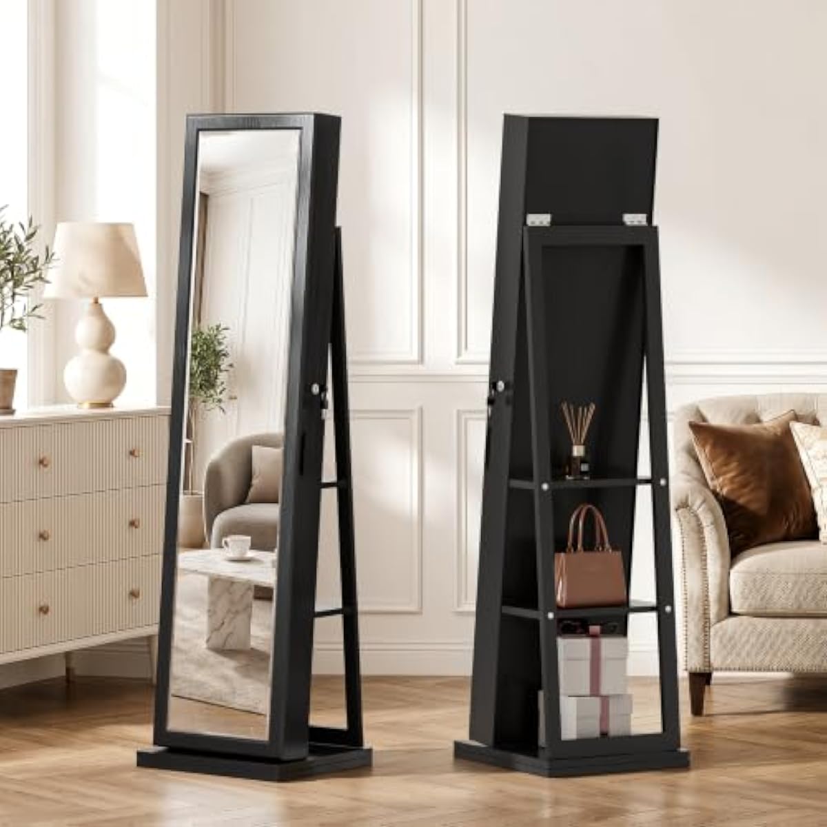 エレガントな黒の自立型ジュエリーアルモア、全身鏡付き、ベルベ - Full Length Mirror Jewelry Armoire のレビューと価格