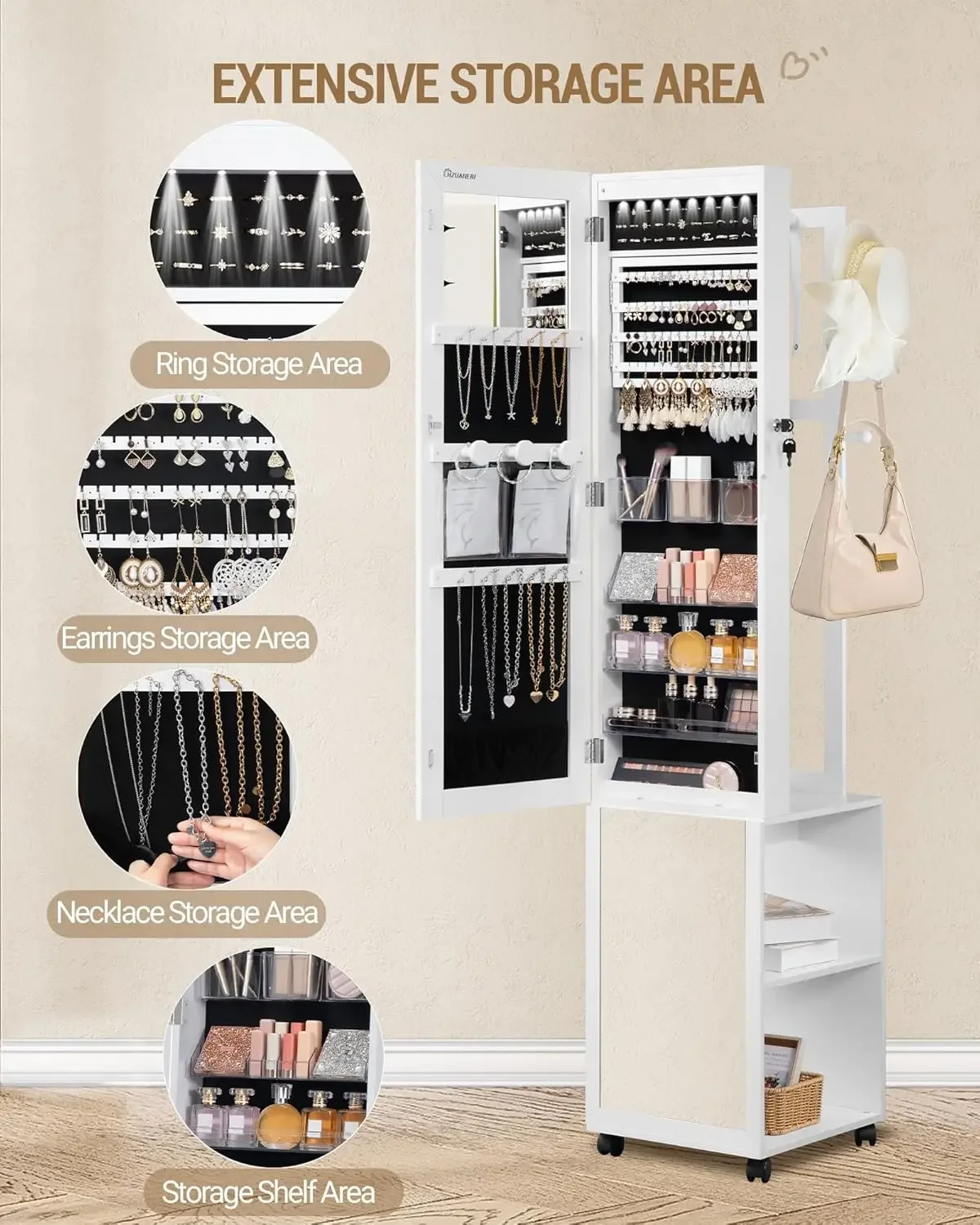 8 LEDライト付きジュエリーキャビネット、66.9インチの - Full Length Mirror Jewelry Armoire のレビューと価格