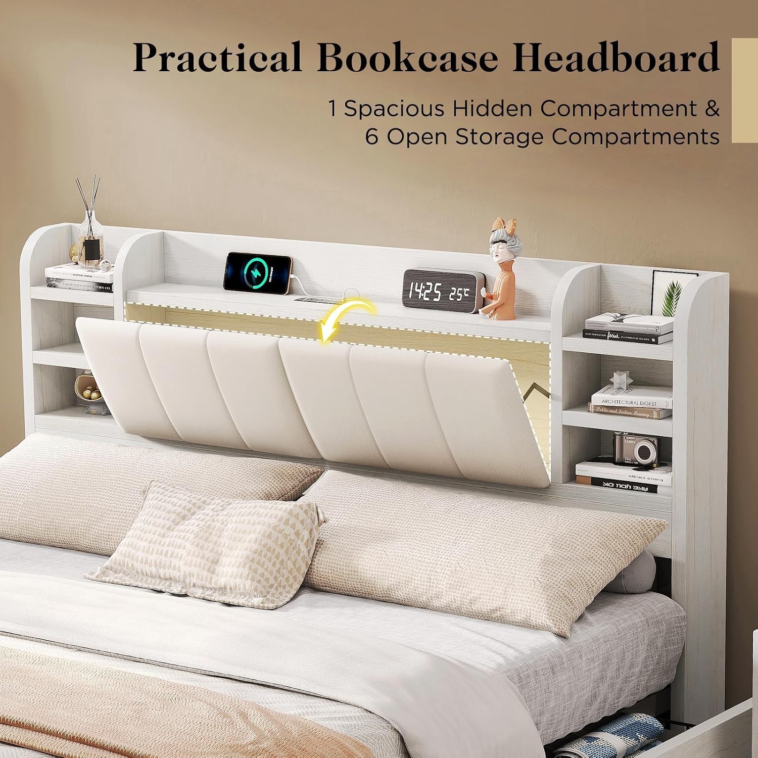 キングサイズ布張りプラットフォームベッド、本棚付きヘッドボー - King Size Bed Frame With Storage Drawers のレビューと価格