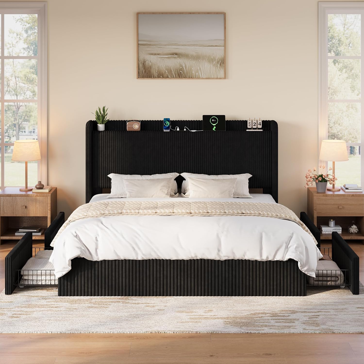 特大収納引き出し4つ付きキングサイズベッドフレーム、ブラック - King Size Bed Frame With Storage Drawers のレビューと価格