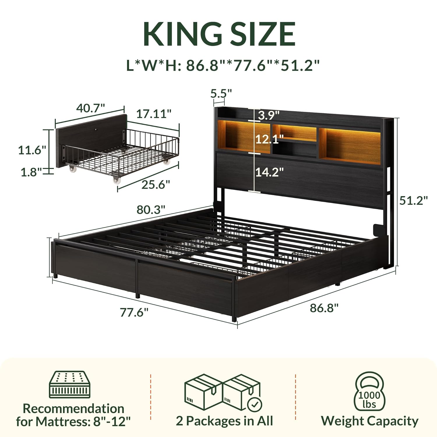 キングサイズベッドフレーム、6つの収納引き出しとヘッドボード - King Size Bed Frame With Storage Drawers のレビューと価格