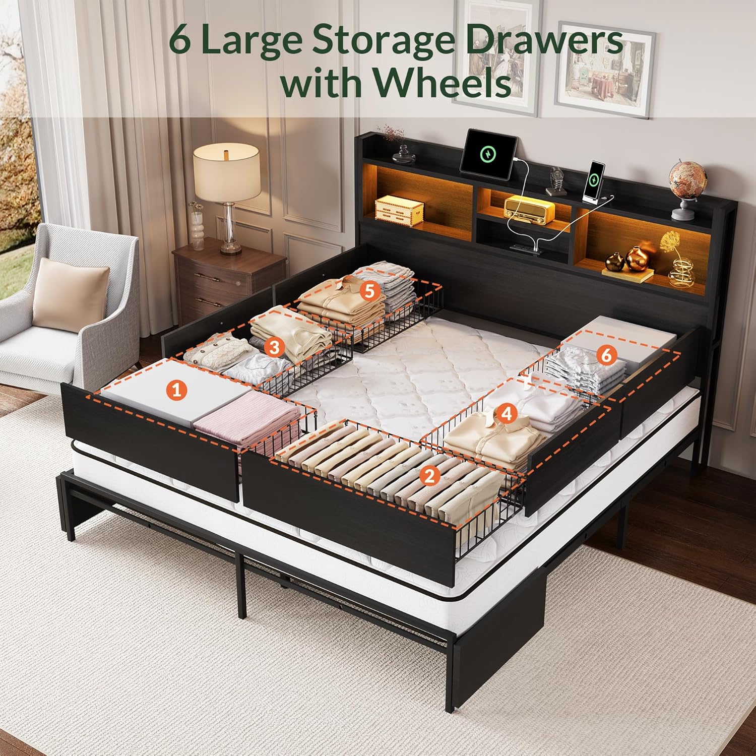 キングサイズベッドフレーム、6つの収納引き出しとヘッドボード - King Size Bed Frame With Storage Drawers のレビューと価格