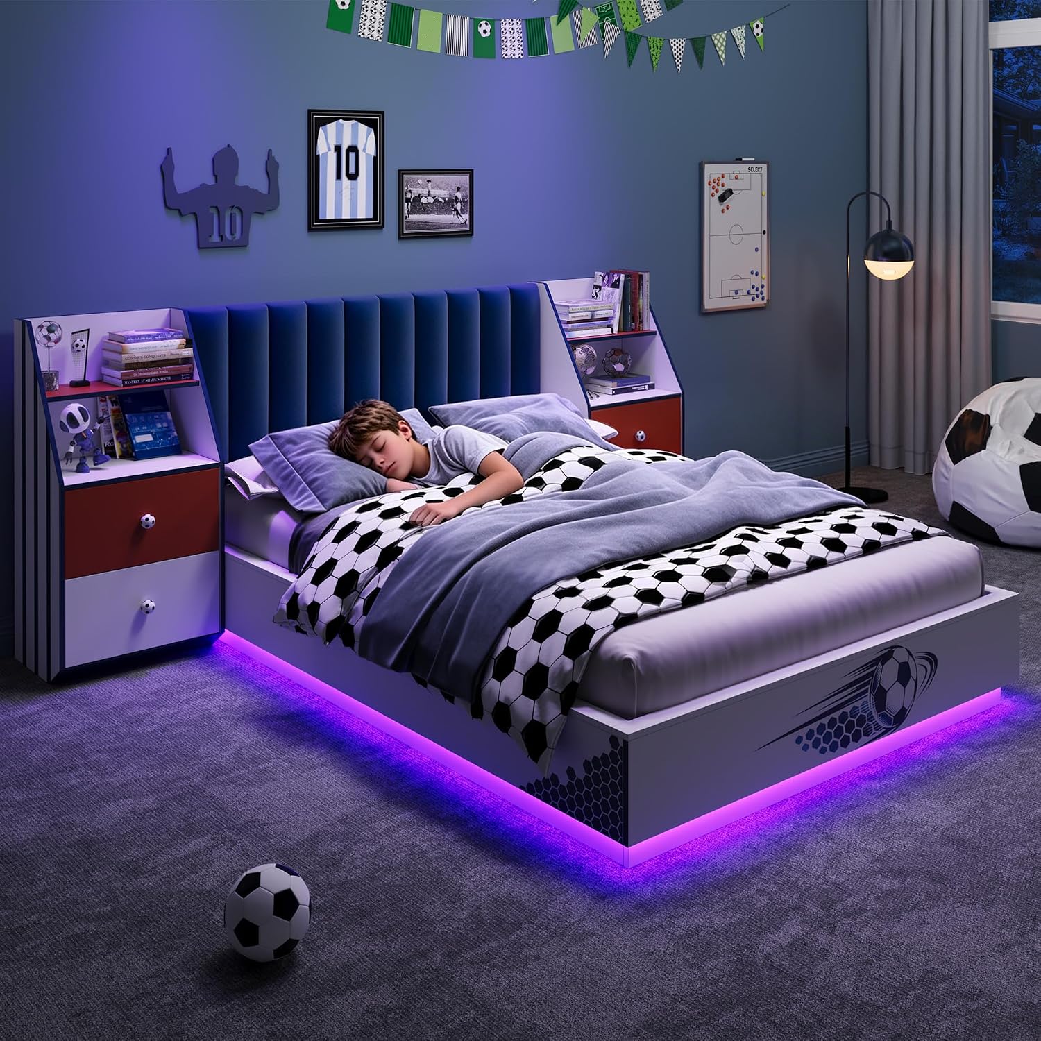 フルサイズのフローティングベッド、ベルベット製ヘッドボード、 - Floating Nightstand With Led Light のレビューと価格