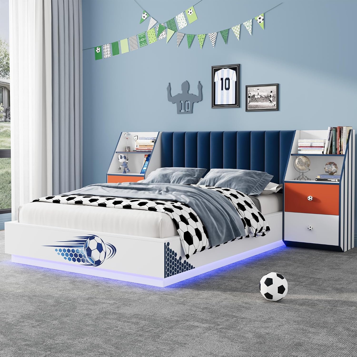 フルサイズのフローティングベッド、ベルベット製ヘッドボード、 - Floating Nightstand With Led Light のレビューと価格