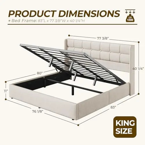 キングサイズのリフトアップ収納ベッドフレーム、ウィングバック - Gas Lift Storage Bed Hydraulic のレビューと価格