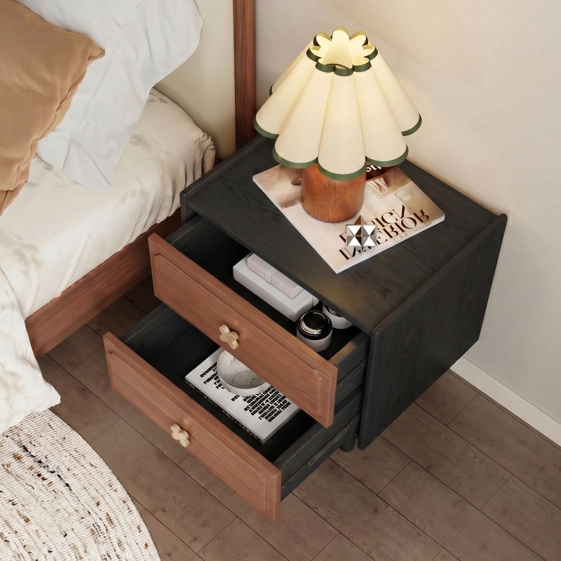 家庭用家具 無垢材 ブラック ナイトスタンド リビングルーム - Solid Wood Nightstand 2 Drawers のレビューと価格