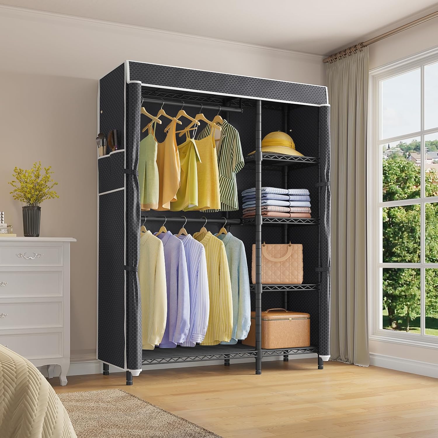 ポータブルクローゼットワードローブ、頑丈な衣類ハンガーラック - Wardrobe Closet Portable Fabric Cover のレビューと価格
