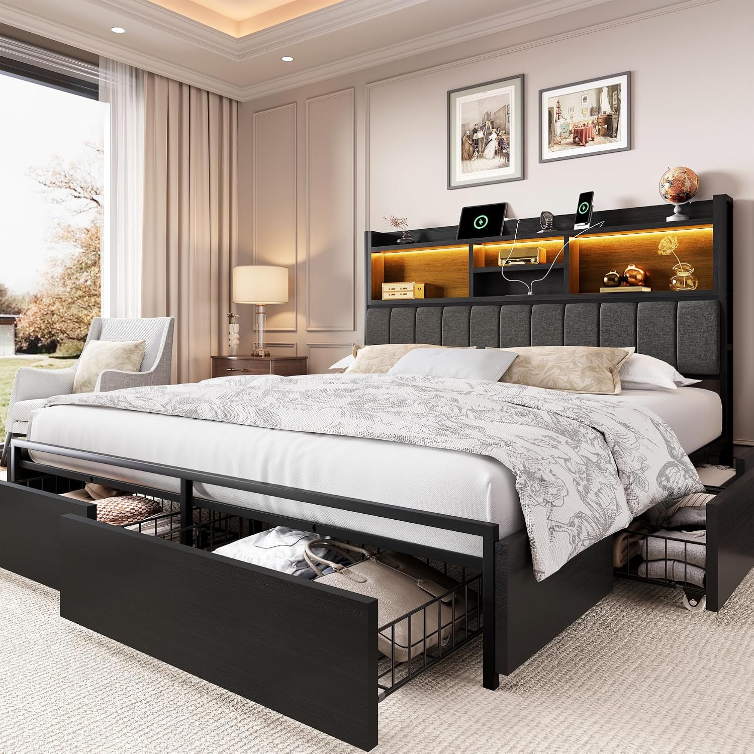 キングサイズベッドフレーム、6つの収納引き出し付き、リネン張 - King Size Bed Frame With Storage Drawers のレビューと価格