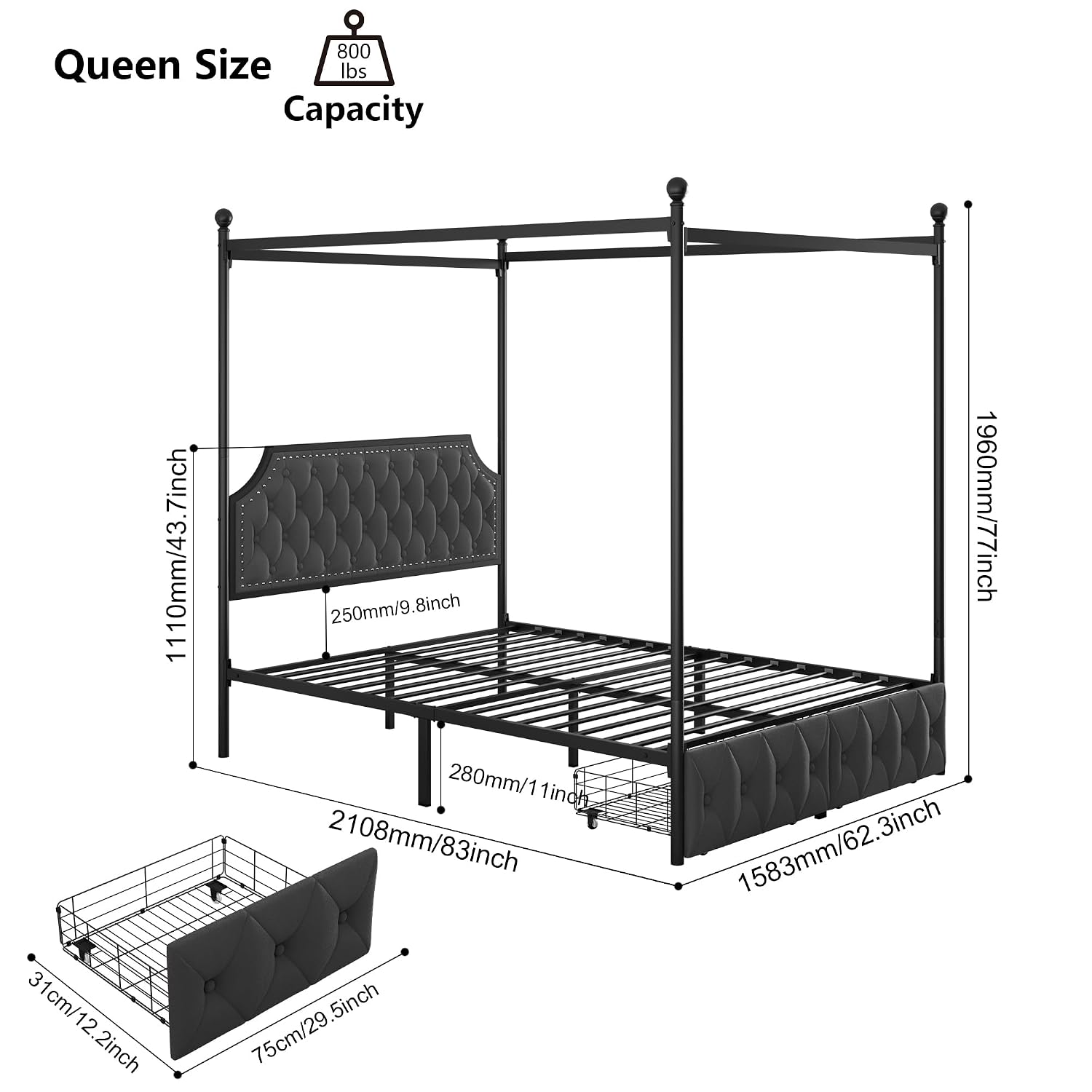 収納引き出しとキルティング加工のヘッドボードを備えたクイーン - Canopy Bed Frame Metal Queen のレビューと価格