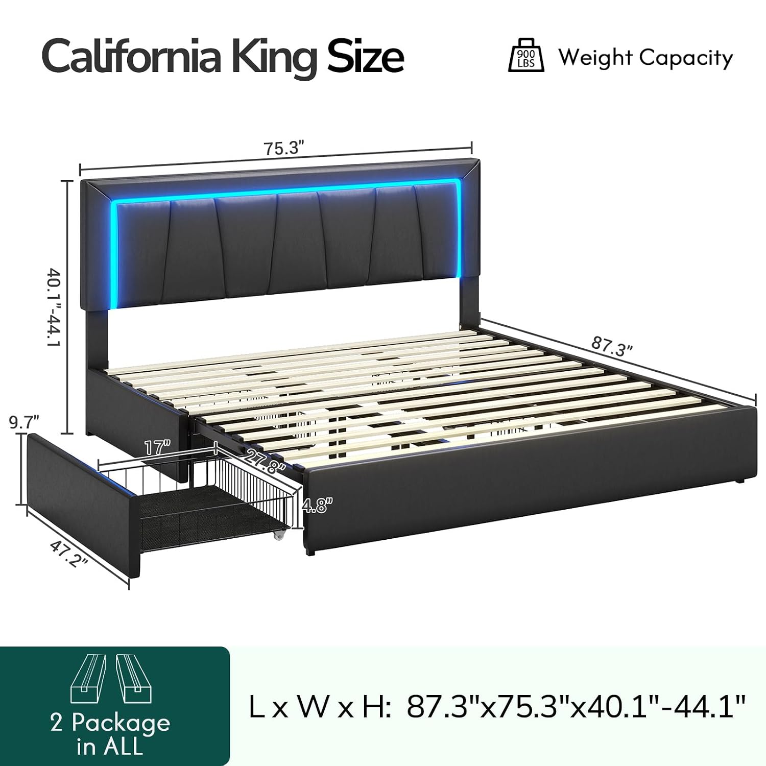 カリフォルニアキングサイズベッドフレーム、下部に4つの収納引 - King Size Bed Frame With Storage Drawers のレビューと価格