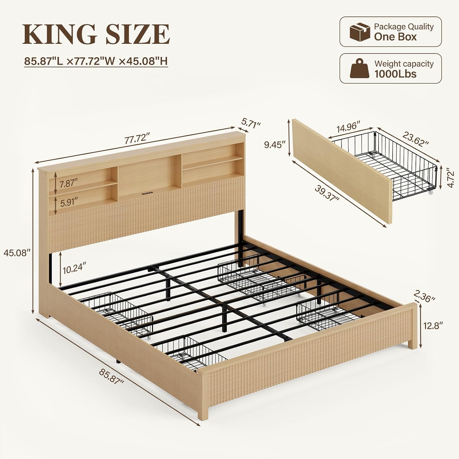 キングサイズベッドフレーム、4つの収納引き出し付き、天然木製 - King Size Bed Frame With Storage Drawers のレビューと価格