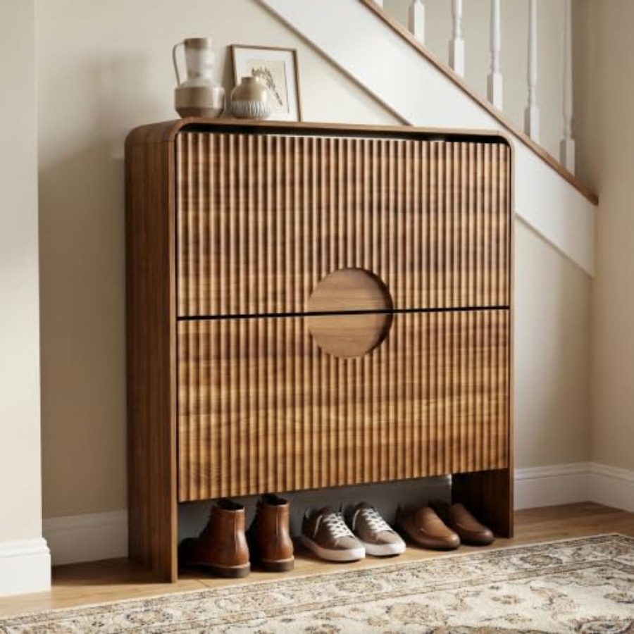 玄関用スリムシューズキャビネット、2段扉付き、棚なし、溝付き - Shoe Rack Cabinet Narrow Entryway のレビューと価格