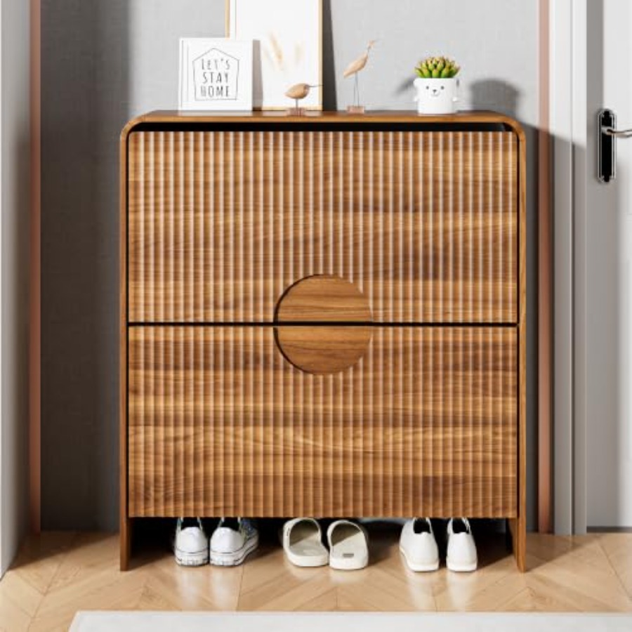 玄関用スリムシューズキャビネット、2段扉付き、棚なし、溝付き - Shoe Rack Cabinet Narrow Entryway のレビューと価格