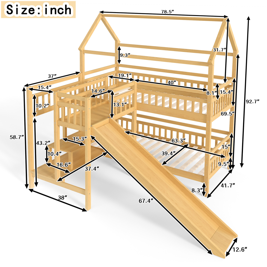 ツインハウス型二段ベッド（スライド付き）、収納階段付きプレイ - Bunk Bed With Stairs And Slide のレビューと価格