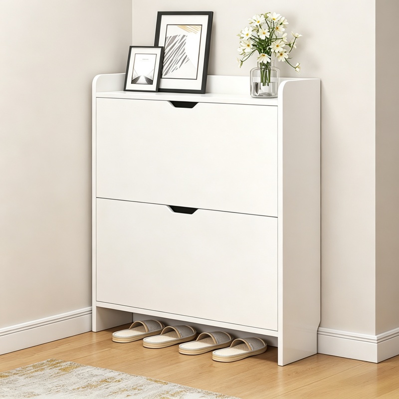 2段式木製靴収納キャビネット、跳ね上げ式引き出し付き、省スペ - Shoe Rack Cabinet Narrow Entryway のレビューと価格