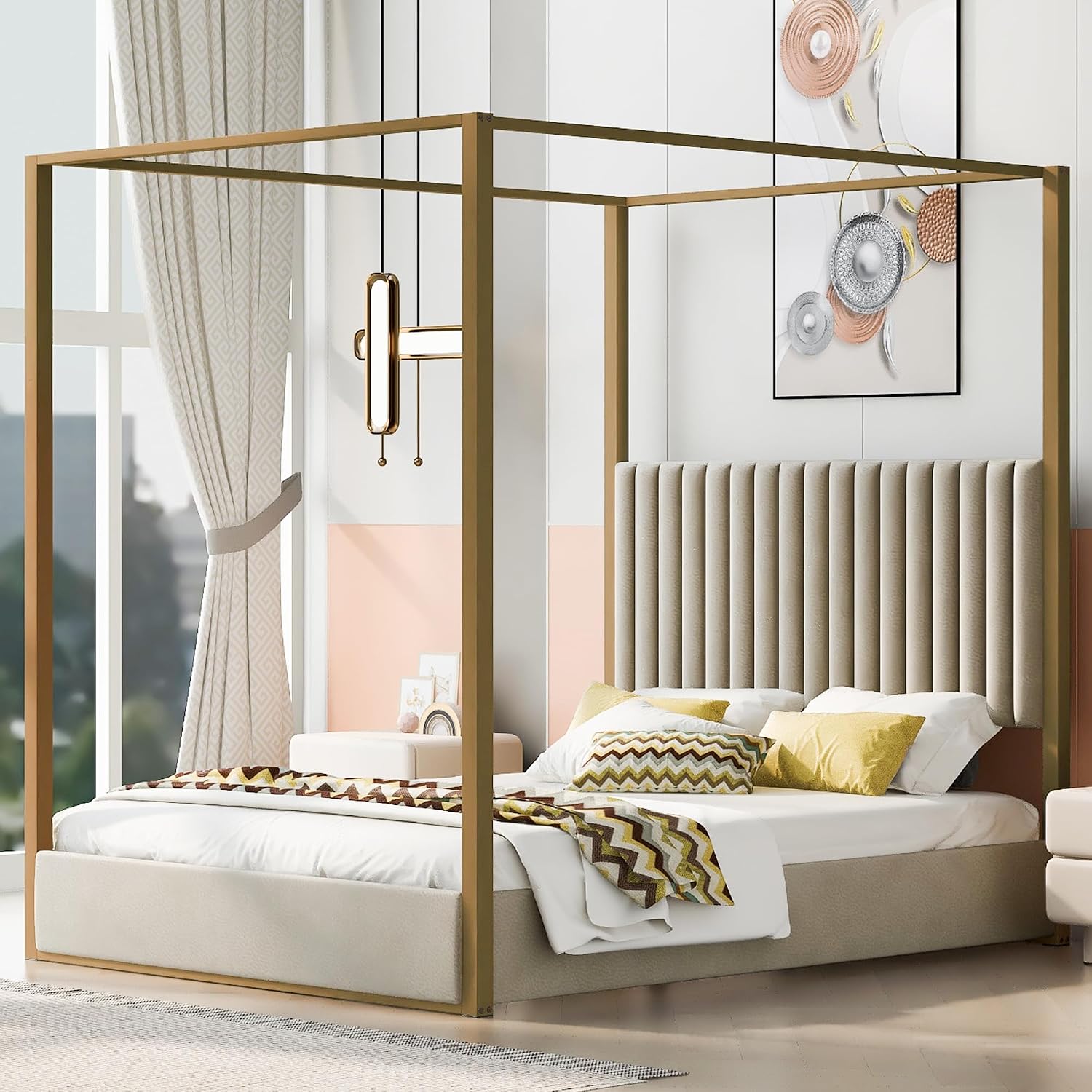 モダンなキャノピー型プラットフォームベッド、クイーンサイズ、 - Canopy Bed Frame Metal Queen のレビューと価格