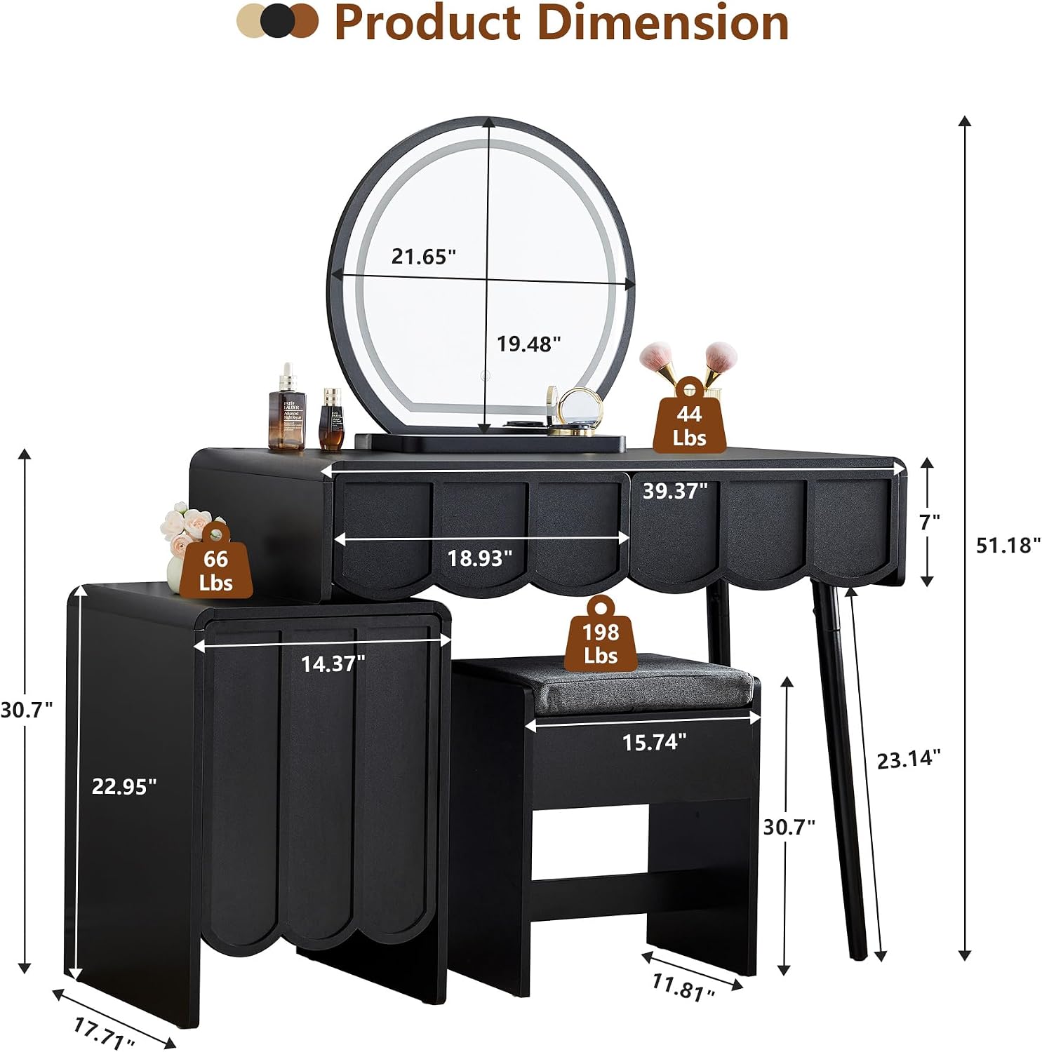 鏡とライト付き化粧台、モダンな木製波型パネル化粧台セット、引 - Dressing Table Vanity With Lighted Mirror のレビューと価格