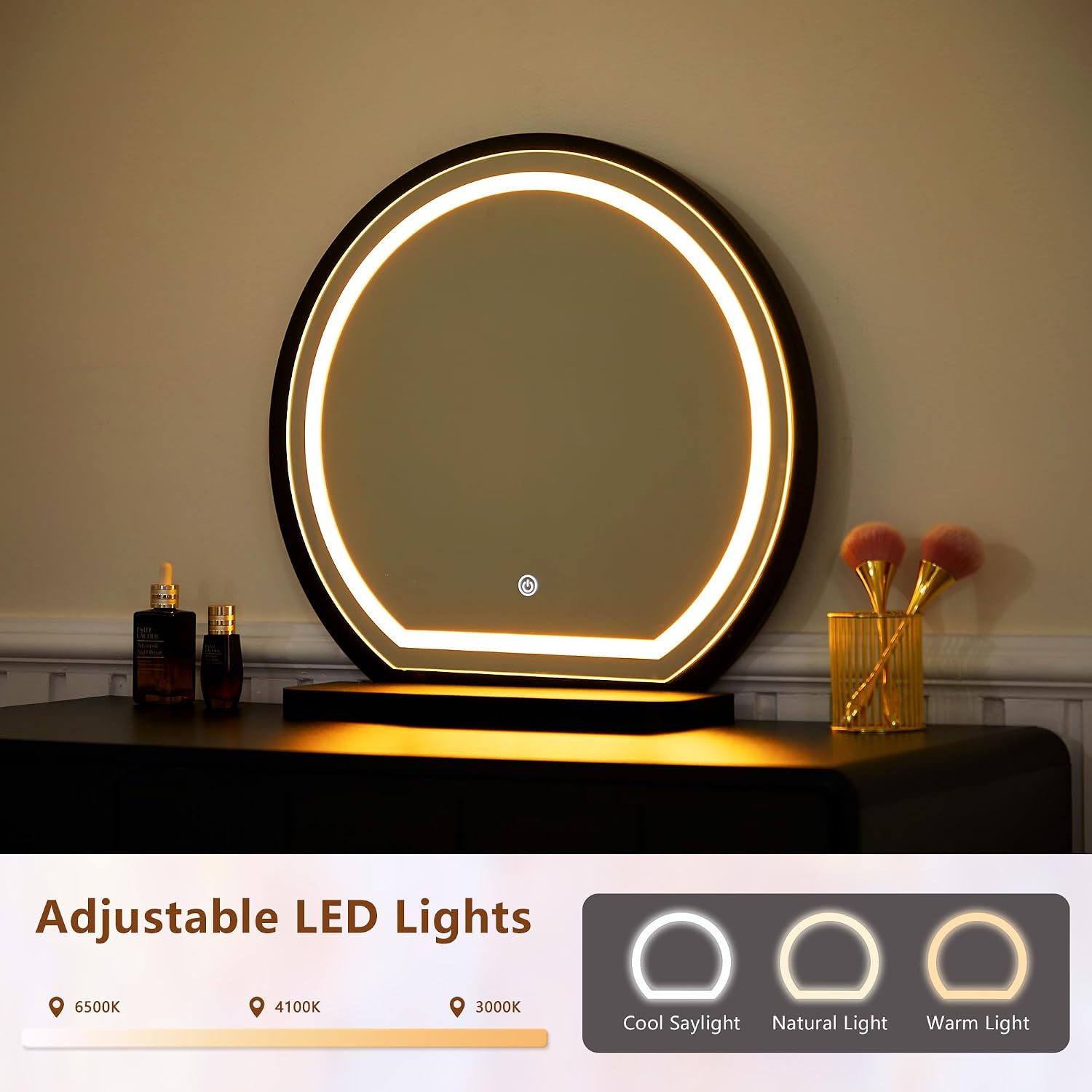 鏡とライト付き化粧台、モダンな木製波型パネル化粧台セット、引 - Dressing Table Vanity With Lighted Mirror のレビューと価格