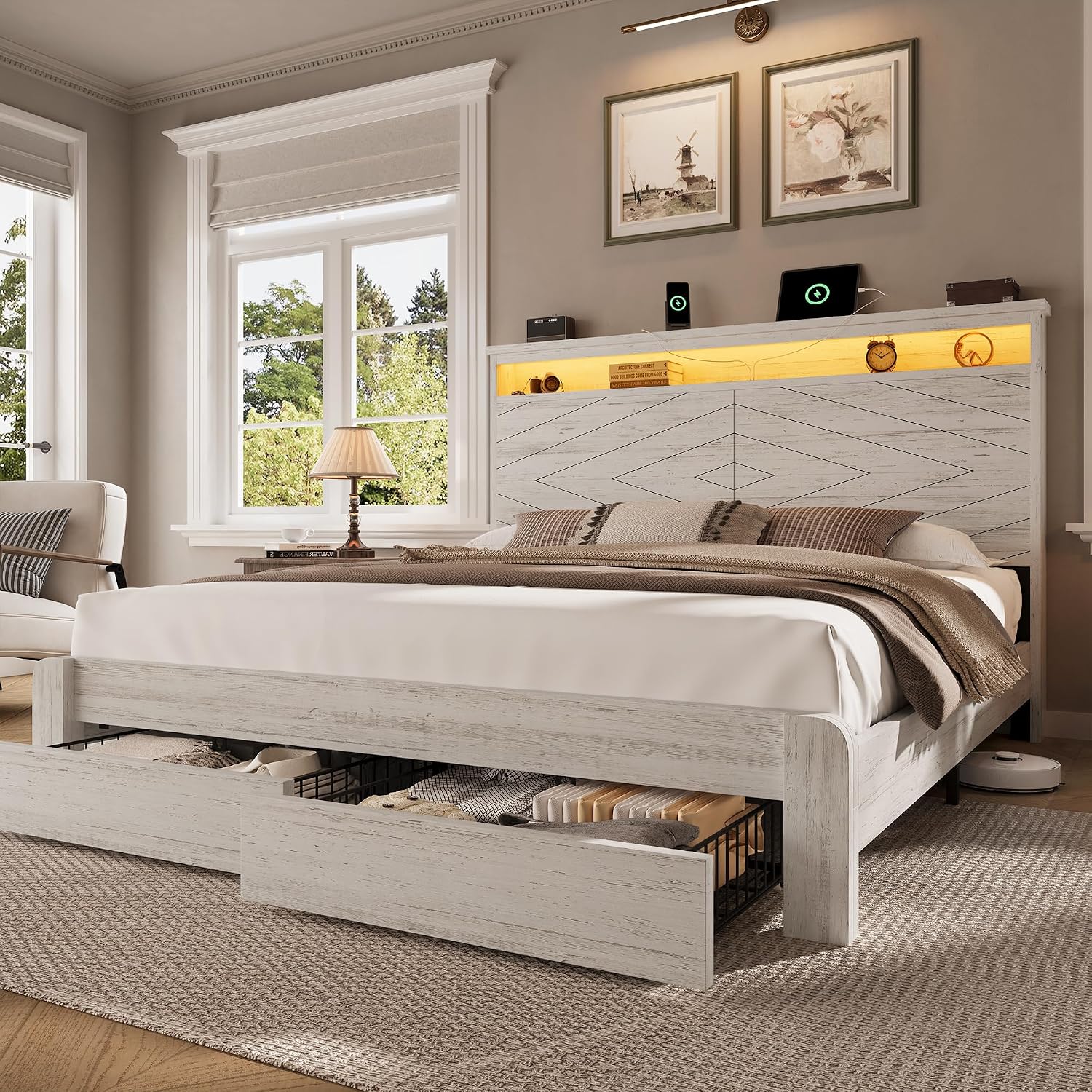 キングサイズ木製プラットフォームベッドフレーム（ヘッドボード - King Size Bed Frame With Storage Drawers のレビューと価格