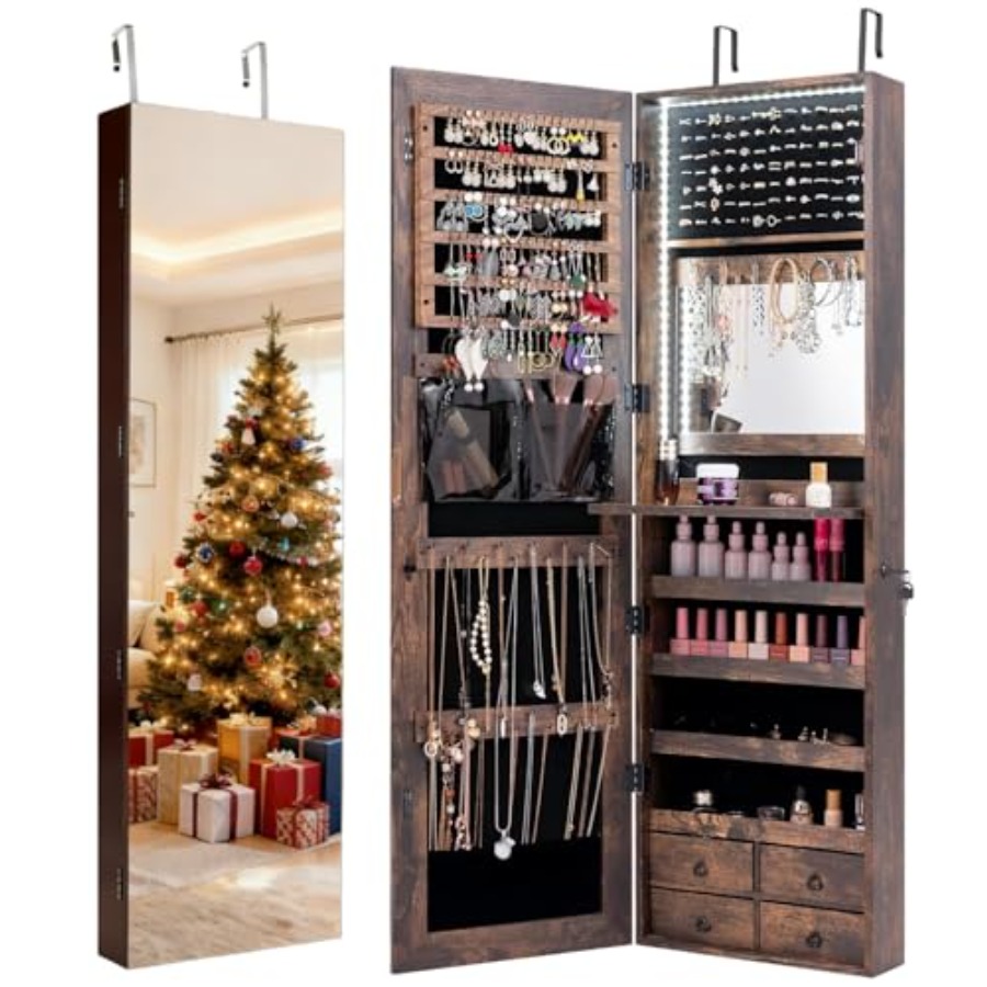 寝室や化粧台での使用に適した47個のLEDライト付きジュエリ - Full Length Mirror Jewelry Armoire のレビューと価格
