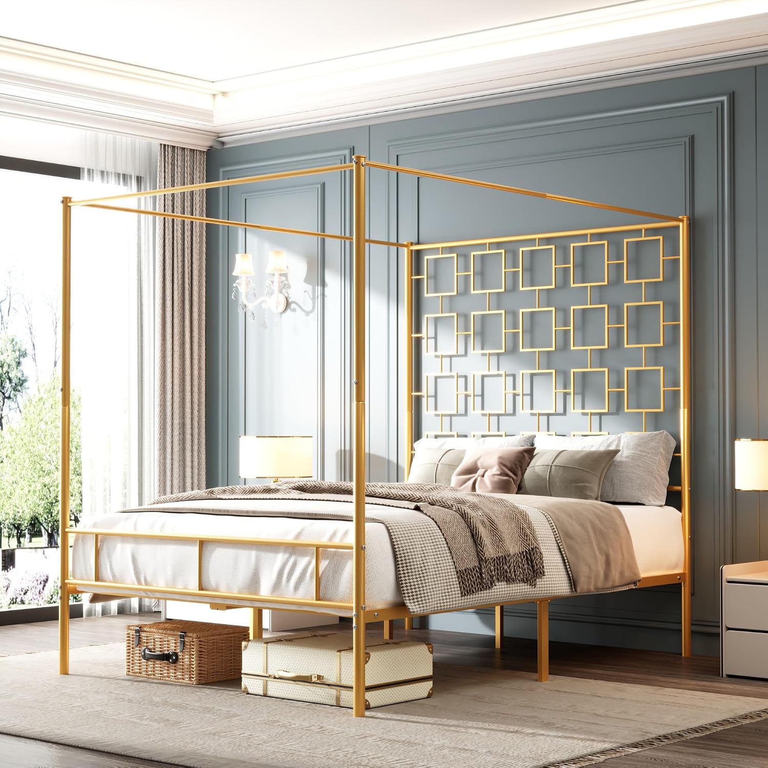 クイーンサイズの天蓋付きベッドフレーム、金属製四柱式プラット - Canopy Bed Frame Metal Queen のレビューと価格