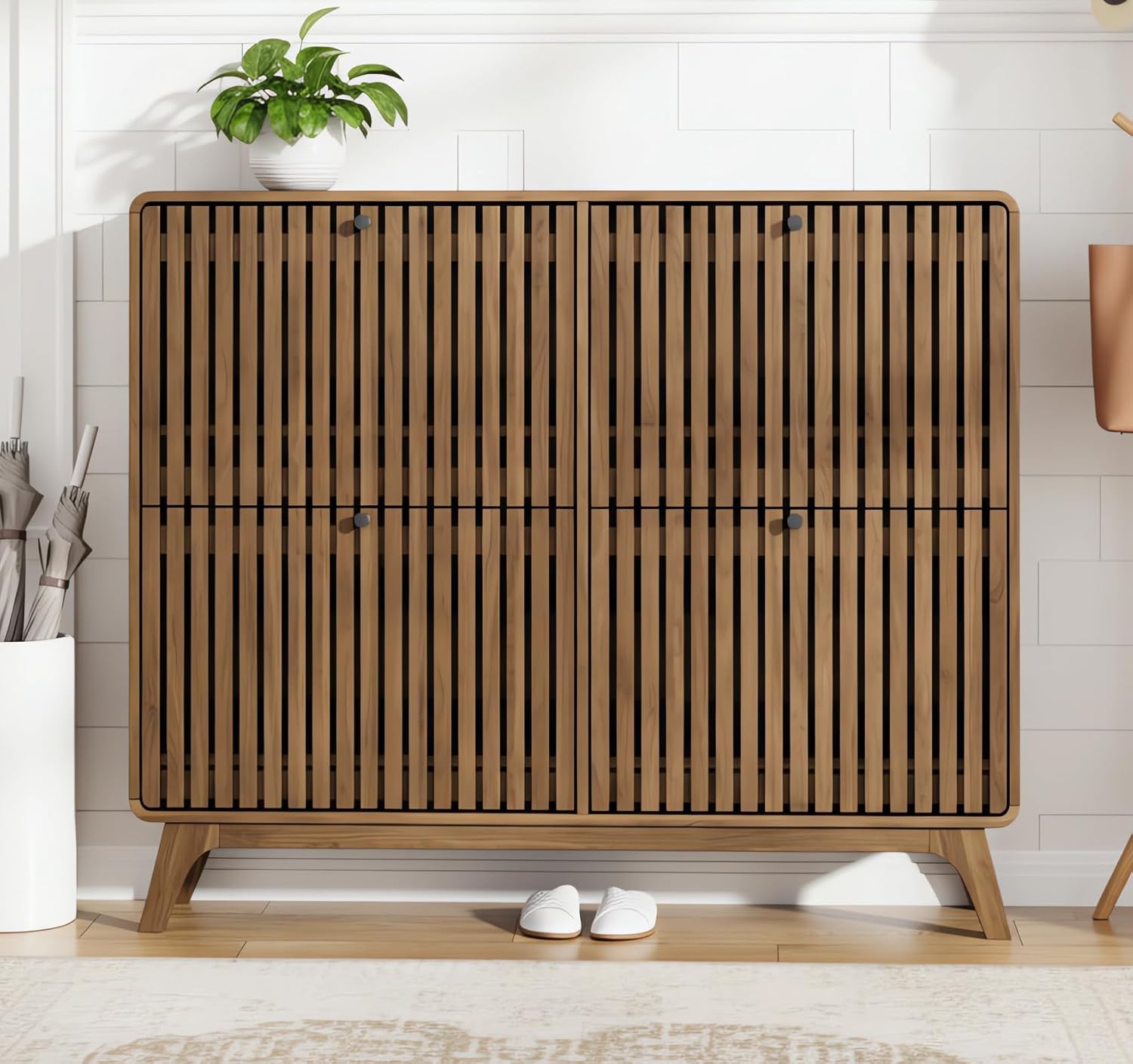 # 大型竹製靴箱（4つの跳ね上げ式引き出し付き）、玄関廊下用 - Shoe Rack Cabinet Narrow Entryway のレビューと価格