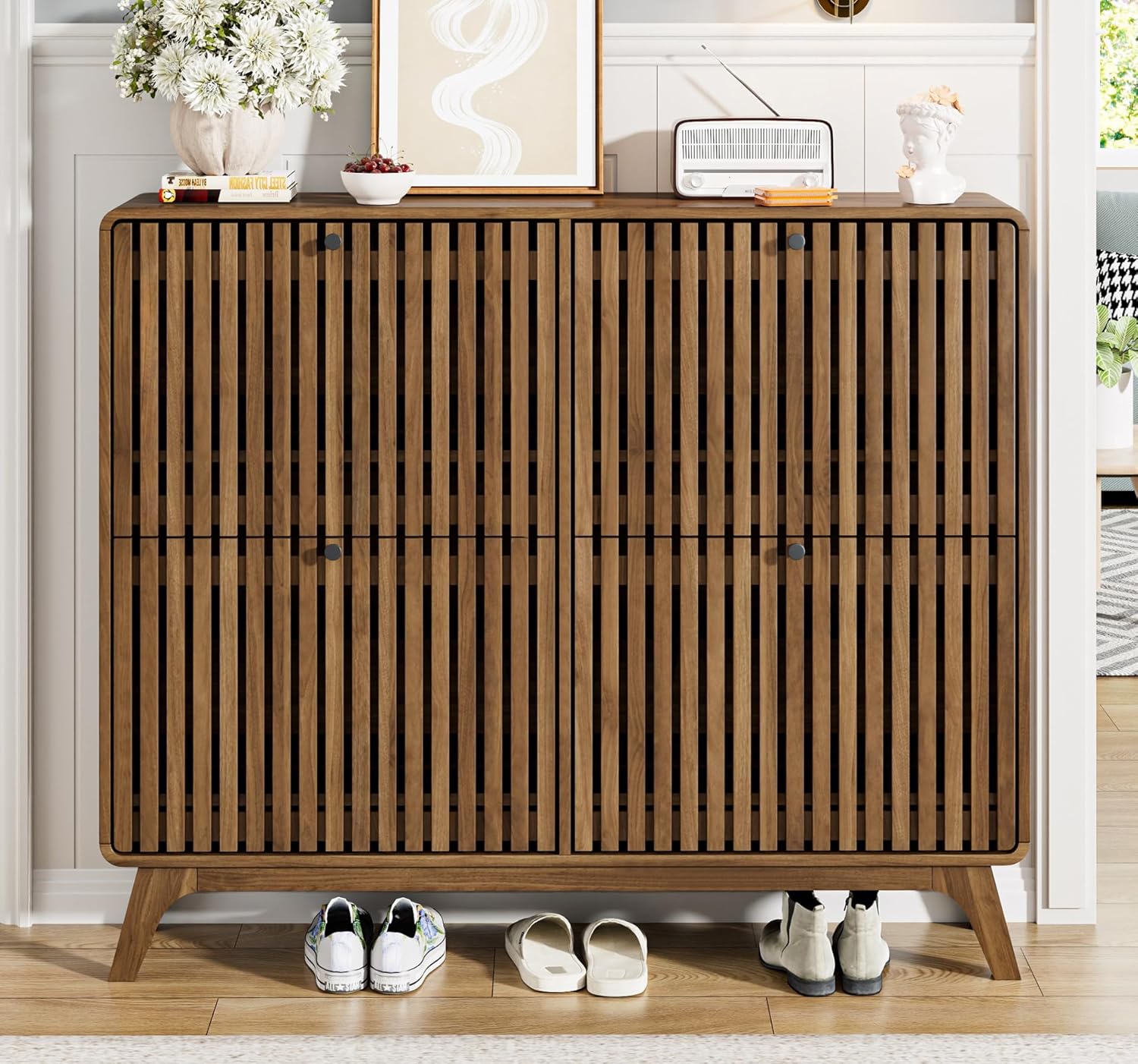 # 大型竹製靴箱（4つの跳ね上げ式引き出し付き）、玄関廊下用 - Shoe Rack Cabinet Narrow Entryway のレビューと価格