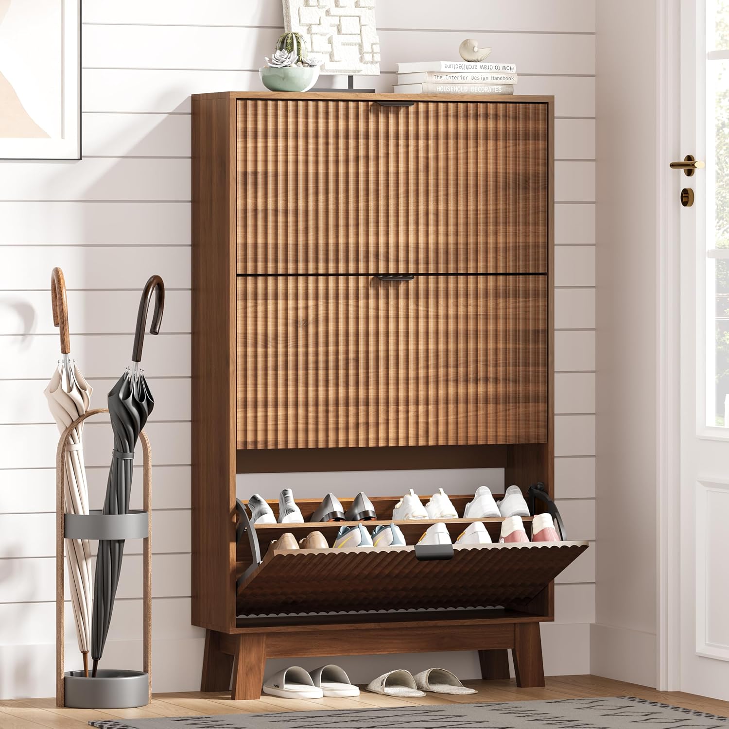 玄関用シューズキャビネット収納 3つのフリップドロワー付き  - Shoe Rack Cabinet Narrow Entryway のレビューと価格